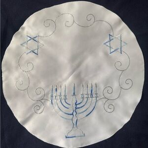 Embroidered Menorah Round White Mats with Blue & Silver Accents - Set of 4